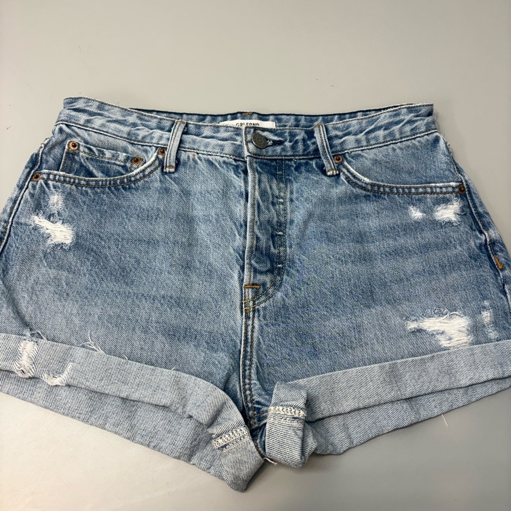 GRLFRND Light Blue Distressed Roll-Hem Jean Shorts